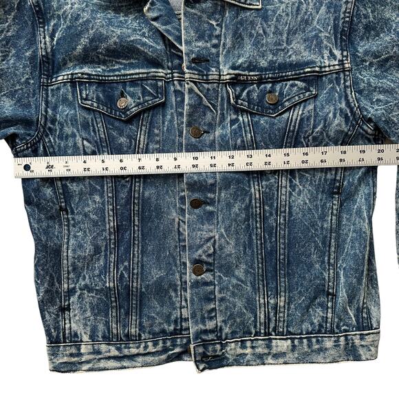 Guess VTG 80s 90s Crinkle Acid Wash Pleated Back Trucker Jean Jacket L - Picture 7 of 11